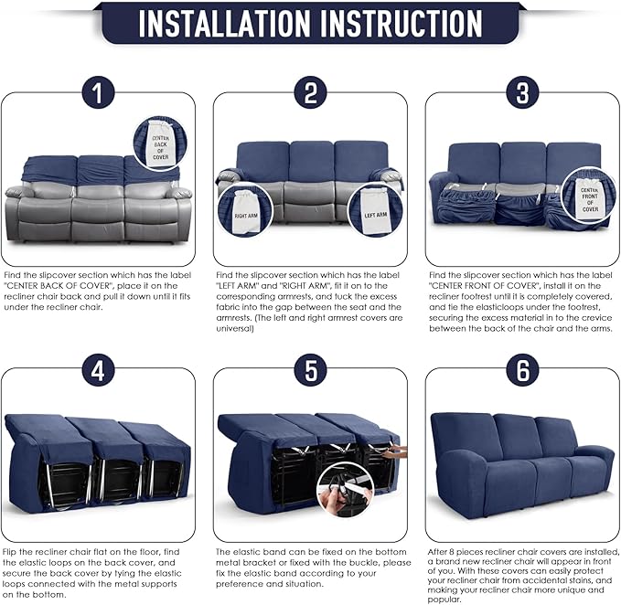 TAOCOCO Recliner Sofa Covers 8-Pieces Stretch Large Couch Covers for 3 Seats Reclining Slipcovers Soft Jacquard Pattern Furniture Protector (Navy Blue)