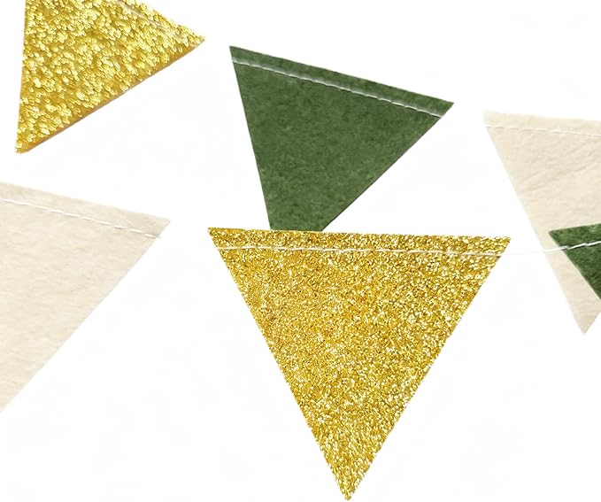 Sage Green Gold Party Decorations Oilve Green Beige Gold Glitter Felt Triangle Mini Banner Bunting Pennant Flag for Baby Shower Birthday Wedding Jungle Woodland Safari Party Nursery Classroom Decor
