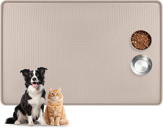 Lorvain Dog Food Mat, 45" x 30" Silicone Pet Feeding Mat with Raised Edges, Extra Large Pet Placemat for Dog Cat Food and Water Bowl Non-Slip, Easy to Clean, Waterproof & Floor Protection, Beige