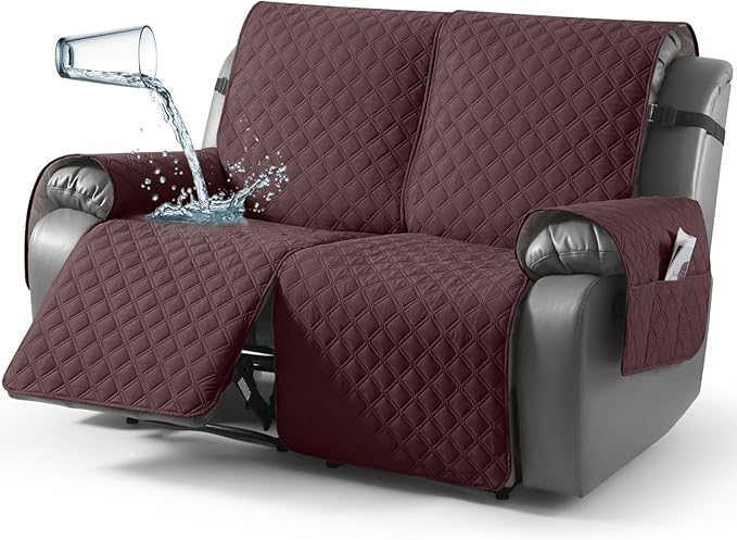 TAOCOCO 100% Waterproof Recliner Couch Covers, Recliner Sofa Covers with Leg Straps, 1-Piece Washable Reclining Sofa Cover with Pocket Couch Protector for Pets Kids(2 Seater, Coffee)