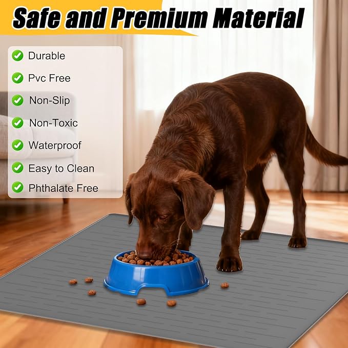 1.5MM Super Thick Dog Food Mat, 48"x32" Silicone Dog and Cat Mats for Food and Water Bowls, Waterproof Pet Feeding Mat for Contain Spills Protects Floors, Multiple Colors & Sizes for Pets, Beige