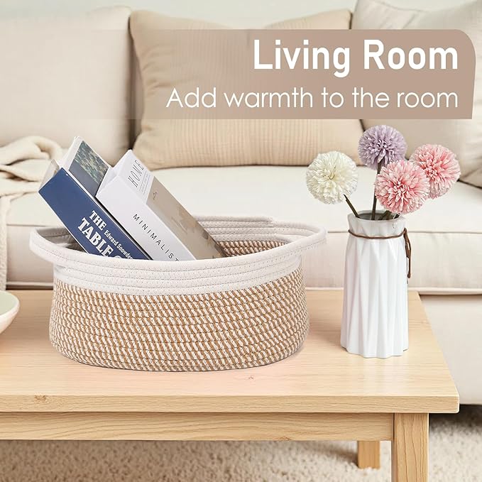 JMvicyroam Woven Basket,Small Rope Storage Bin with Handles & Ribbon Bag, Organizer for Shelves Closets,Gift Basket Empty for Birthday,Books,Dog Toys, White&Brown Block/3 Pack