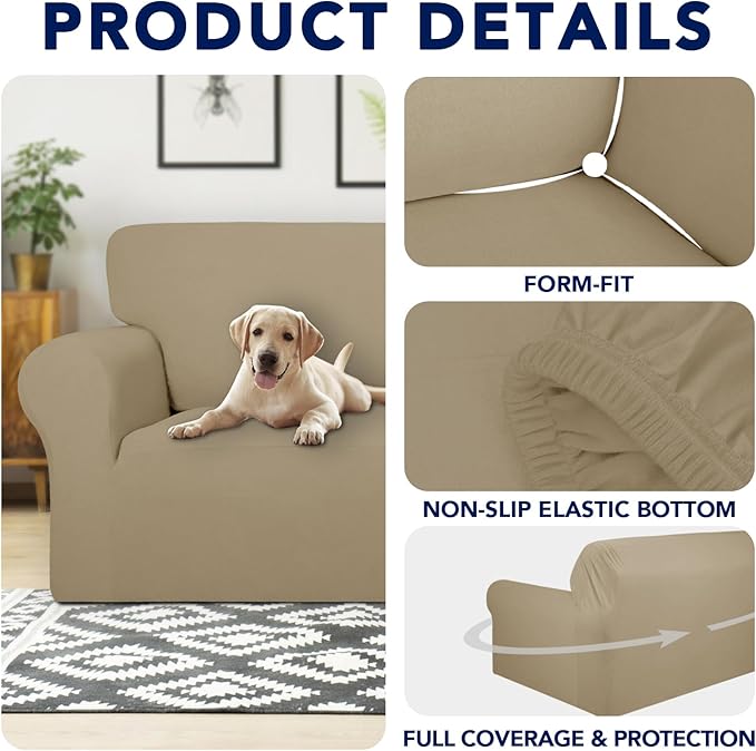 PureFit 100% Dual Waterproof Couch Cover Slipcovers for Couches and Sofas - Stretch Non Slip Fleece Sofa Covers Washable, Leakproof Furniture Protector for Kids, Pets, Dog (Sofa, Natural)