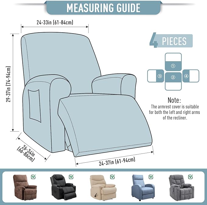 TAOCOCO Recliner Cover 4-Pieces, Recliner Stretch Sofa Slipcover, Recliner Cover 1 Seat, Couch Protector Soft, Furniture Protector Covers with Elastic,Chair Covers Jacquard Pattern (Dusty Blue)