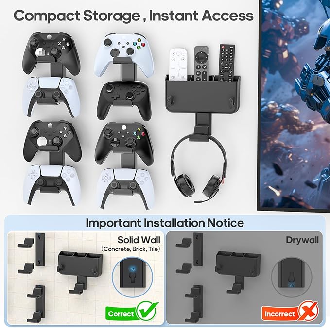 Controller & Headset & Remote Holder Wall Mount with No Drill, 4 Packs Gaming 8 Controllers Hanger Hook Mount for PS5/PS4/XBOX/Switch, Headphone Stand & Remote Control Holer Wall Shelf with Adhesives