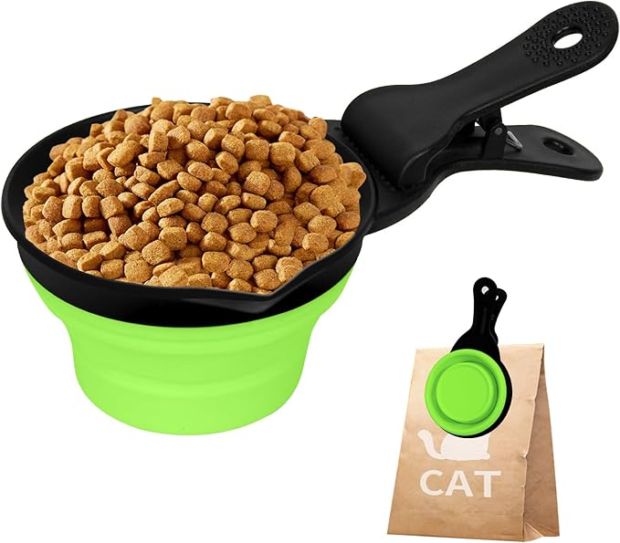 PNEUICALLY Collapsible Dog Food Scoop Foldable Pet Food Bag Clip 3 in 1 Multi-function Silicone Cat Food Measuring Cup Scoop Dog Food Scooper Pet Food Storage Clip (Green, 2 Cup Capacity(1 Pack))