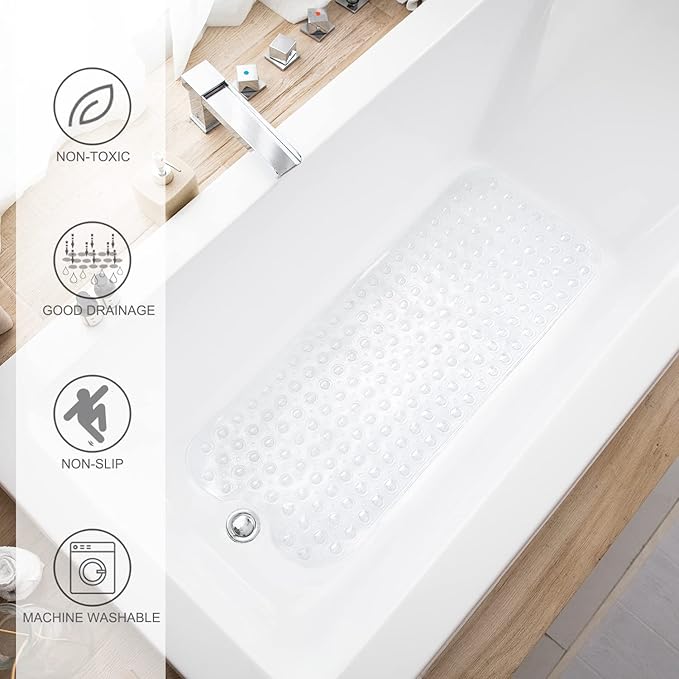 Bathtub Mats for Shower Tub, Extra Long Non-Slip 39 x 16 Inch Bath Mat with Drain Holes and Suction Cups, BathMat for Bathroom with Machine Washable (Clear)