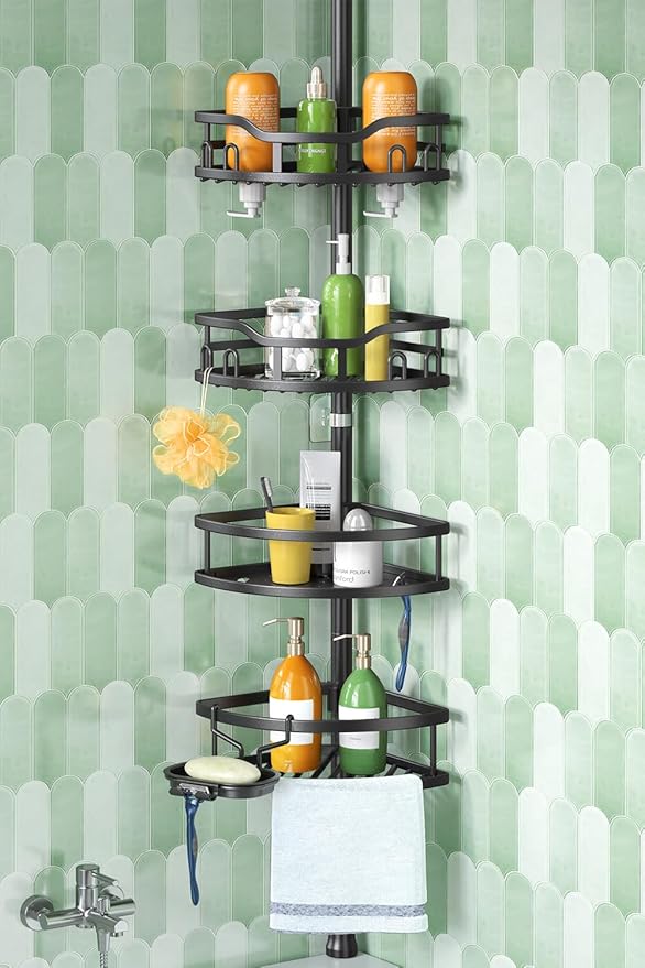 HAMITOR Corner Shower Caddy Tension Pole: Rustproof Stable 4-Tier Bathroom Organizer Shelves for Bathtub Shampoo Storage - 47-121 Inch Quick Install Adjustable Standing Rack with Soap Rack - Black