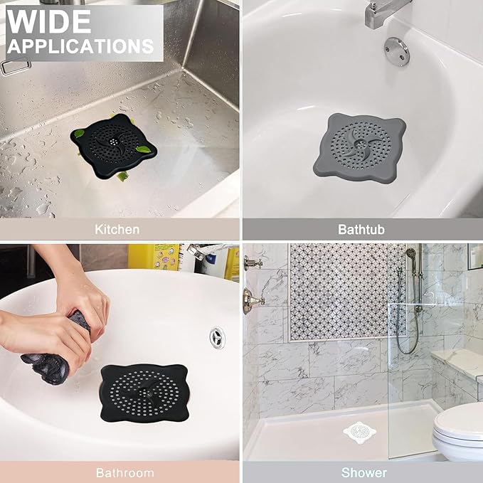 6 Pack Hair Drain Catcher with Suction Cups, 5.91x5.91 inch Universal Sink Strainer, Silicone Shower Drain Cover, Suit for for Bathroom Bathtub Tub Kitchen, 3 Colors 6pcs Hair Stoppers Included
