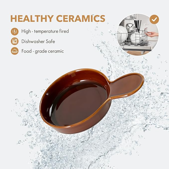 Ceramic Wide Whisker Friendly Cat Dishes, Set of 3 Ceramic Cat Bowls with Handle, Anti-Slip Indoor Kitten Feeding Food& Water Dish to Prevent Whisker Fatigue(3 Pcs, Caramel Brown)