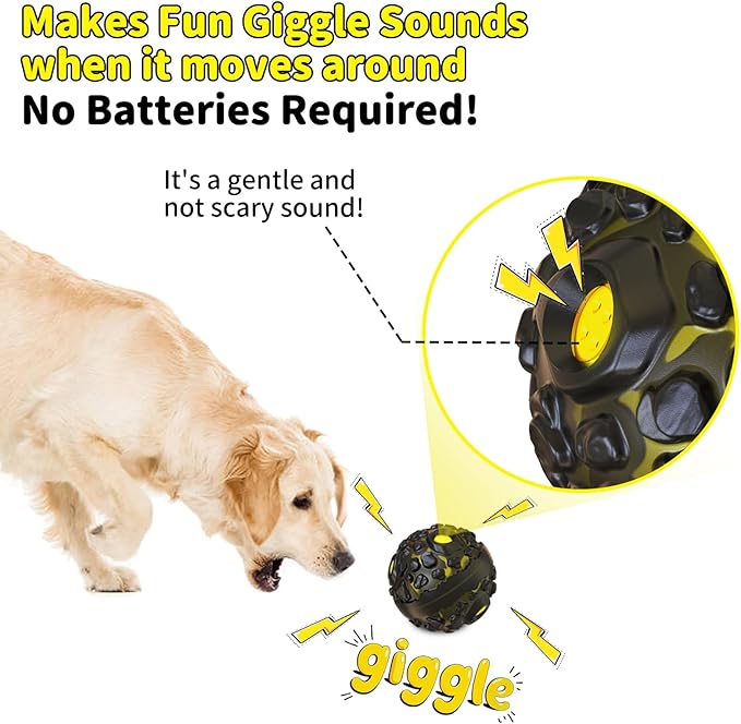 JoyBruko Dog Ball for Aggressive Chewers - Interactive Dog Toy Giggle Balls Fun Squeaky Sound to Keep Them Busy, Durable for Small Medium Large Breeds, Rubber Chew Toys, As Seen on TV, Black & Yellow