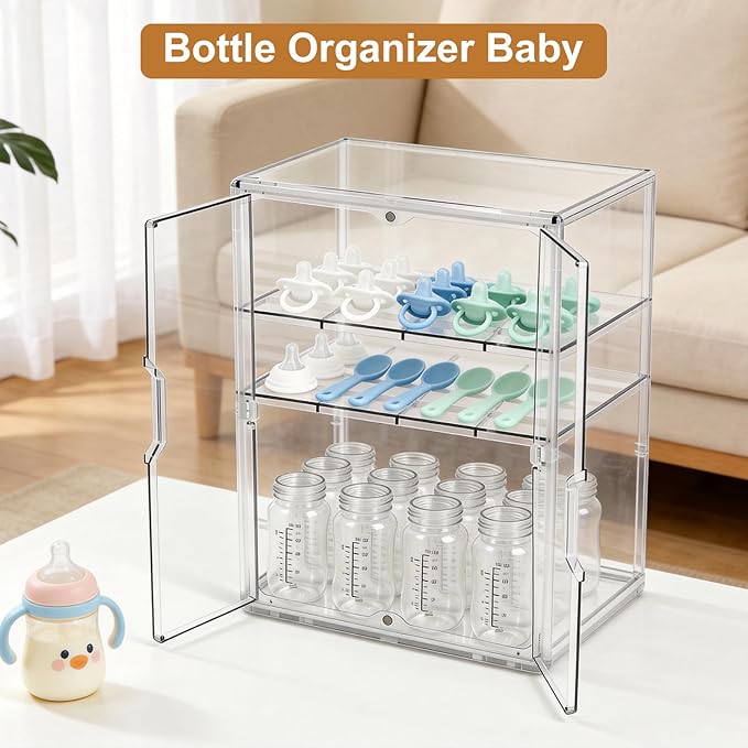 ERTIUANIO Baby Bottle Organizer – 3 Tier Acrylic Bottle Storage Organizer Container, Clear Plastic Bottle Station Organizers Drawers with Double Magnetic Doors for Countertop Kitchen Vanity, Bathroom