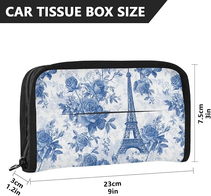 Car Tissue Holder Car Napkin Holder Car Tissue Box Dispenser Storage Case Sun Visor Mask Holder with Adjustable Straps Reusable Refillable Blue Roses and Eiffel Tower