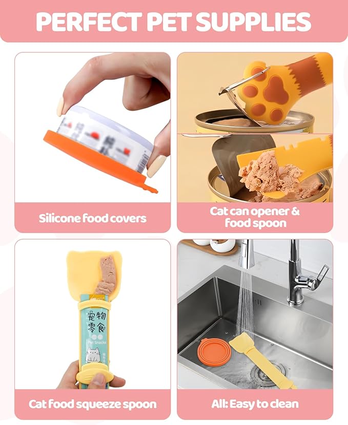 Aecsze 5 PCS Cat Food Can Covers Lids Set, Silicone Pet Food Can Lids with Multi-Function Cat Food Spoon and Opener, Cat Bar Squeezer, Stainless Steel Wet Food Spoon for Cats and Dogs (Orange)
