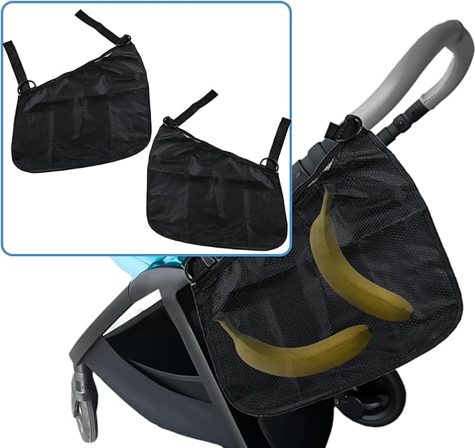 2 Pack Universal Side Sling Stroller Organizer with Mesh Cargo Net,Adjustable and Non-Slip Stroller Storage Bags, Portable Side Sling Stroller Cargo Net for Baby Accessories(Black)