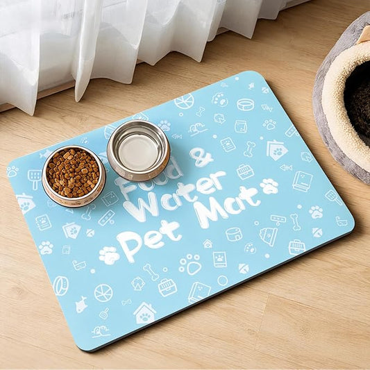Pet Feeding Mat,Dog Cat Mat for Food and Water,Dog Bowl Waterproof Placemat with Rubber Backing,Absorbent Quick Dry Water Dispenser Mat for Pet（Blue 16"×24"）