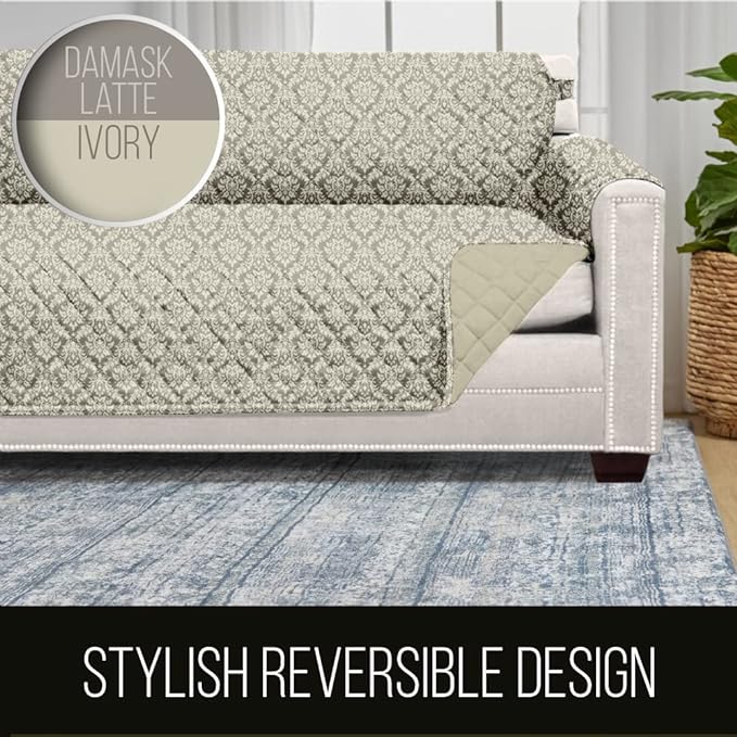 Sofa Shield Couch Slip Cover with Patented Strap, Cushion Protector, US Designed Reversible Stain and Dog Tear Resistant Slipcover, 62 inch Seat, Washable Covers for Dogs Pets, Damask Latte Ivory