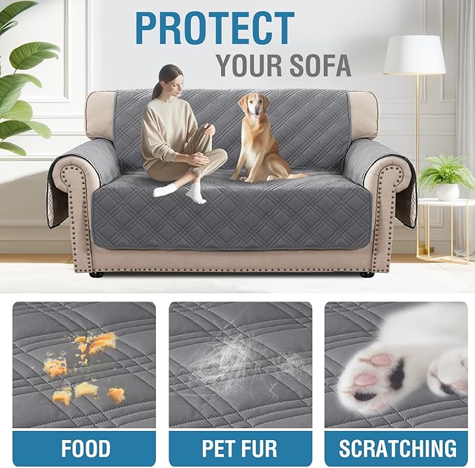 H.VERSAILTEX 100% Waterproof Loveseat Covers for 2 Cushion Couch Modern Sofa Covers Waterproof and Washable Thick Soft Couch Cover for Dogs with Elastic Straps (Loveseat, Grey/Beige)