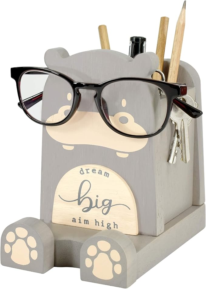 I'm Wood Multipurpose Eyeglass Phone Pen & Pencil Holder Stand Stationery Desk Box Organizer Accessories Decor Home Office Desktop Birthday Graduation Gifts “Dream Big Aim High” (Hippo)