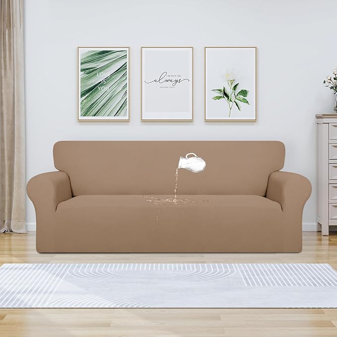 PureFit 100% Dual Waterproof Couch Cover Slipcovers for Couches and Sofas - Stretch Non Slip Fleece Sofa Covers Washable, Leakproof Furniture Protector for Kids, Pets, Dog (Oversized Sofa, Camel)