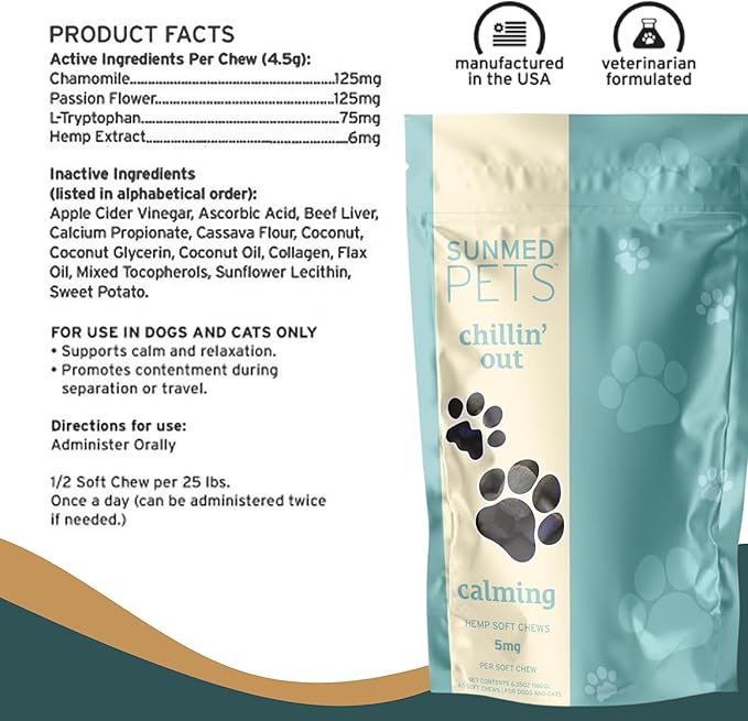Sunmed Chillin' Out Hemp Dog Chews with Chamomile & L-Tryptophan – Stress Relief, Calming & Relaxation for Dogs – Helps with Anxiety & Stressful Situations – 40 Count