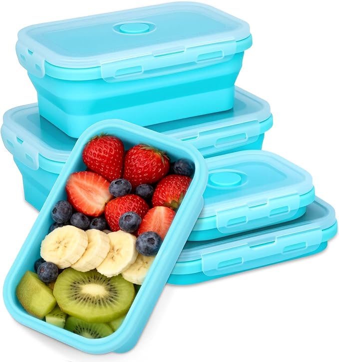 4 Set Collapsible Food Storage Containers Silicone Lunch Container with Lids Collapsible Lunch Box Food for Camper Leftovers Snacks Meals Dorm Kitchen Microwave Dishwasher and Freezer Sky Blue