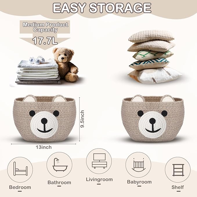 Zopeal Bear Basket 13" D x 9.5" H for Nursery Cotton Rope Woven Cute Storage Basket with Handles Animal Hamper for Baby Shower Laundry Bathroom Home Decorative
