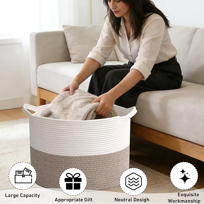 90L Extra Large Woven Cotton Rope Blanket Basket with Handles, Laundry Hamper Storage Bin for Pillows, Clothes, Bedroom and Living Room Organization, White & Brown