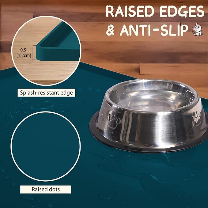MateeyLife Silicone Cat & Dog Food Mat for Floors Waterproof, Anti-Slip Dog Bowl Mats for Food and Water, Pet Feeding Mats with Lip to Prevent Spills, Pet Placemat for Messy Drinkers to Protect Floors