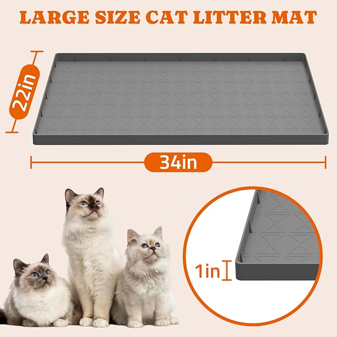 Cat Litter Mat, Large 34" x 22" Litter Box Mat, 2 Packs Cat Litter Box Mat, Non-Slip Kitty Litter Mat for Floor, Easy to Clean, Waterproof & Urine-Proof Cat Litter Mat Litter Trapping Mat, Gray