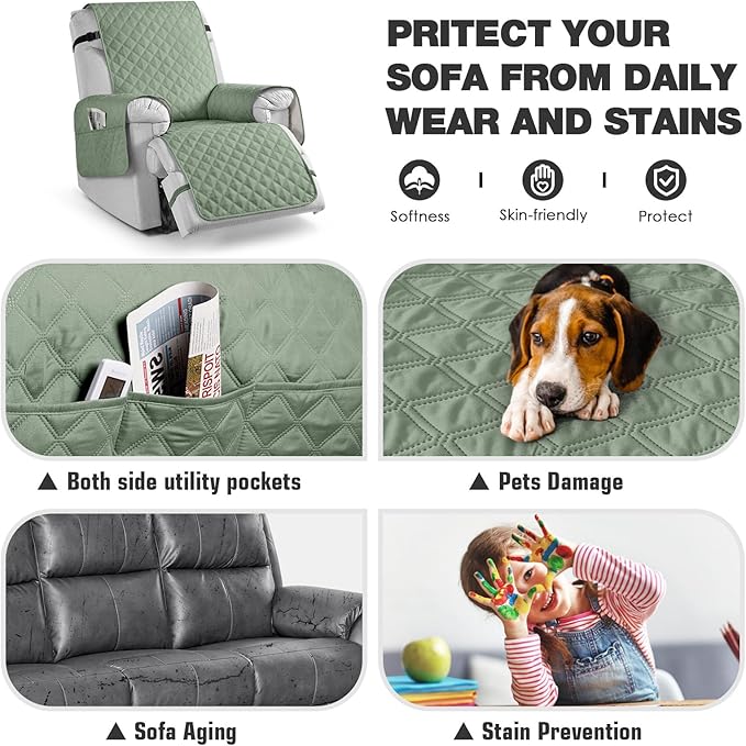 TAOCOCO 100% Waterproof Recliner Chair Cover Non-Slip Reclining Cover for Recliner Chair Washable Chair Seat Cover with Elastic Straps for Pets Sofa Slipcover with Pocket (Small 23'', Sage Green)