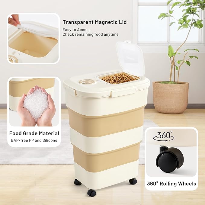 45-50lbs Dog Food Storage Container, Large Capacity Collapsible Airtight Pet Food Storage Containers with Rolling Wheels, Transparent Lid, Scoop and Date Track, Brown