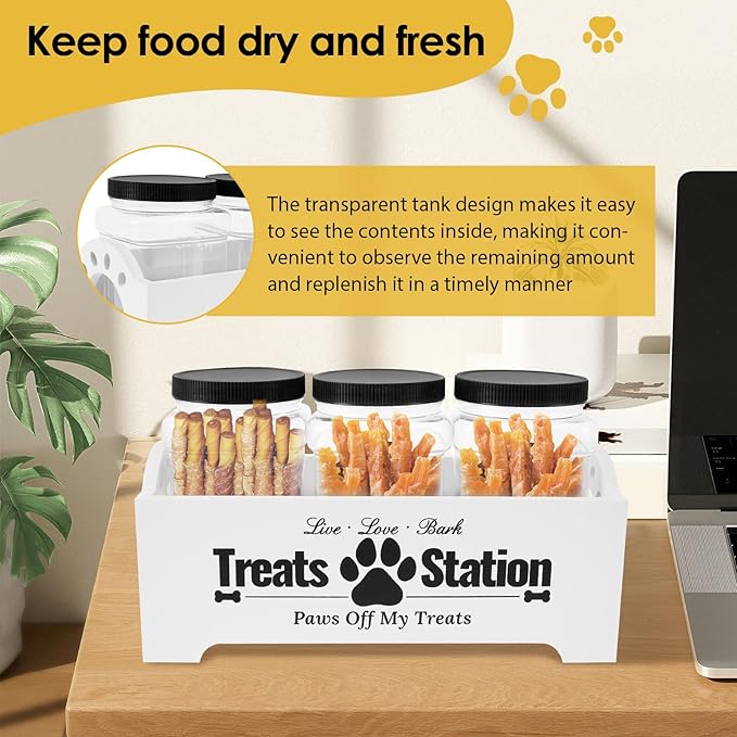 KarHoeGern Dog Treat Container for Countertop Dog Food Storage with 3 Plastic Treat Jars Wood Dog Food Container with Handles and Lids Farmhouse Practical Pet Cat Dog Treat Storage Containers (white)