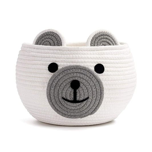 CherryNow Cotton Rope Baby Basket for Nursery, Bear Gift Baskets for Kids, Empty Baby Shower Basket with Handles, Small Cute Animal Baskets, White, 10.5"D x 8.5"H