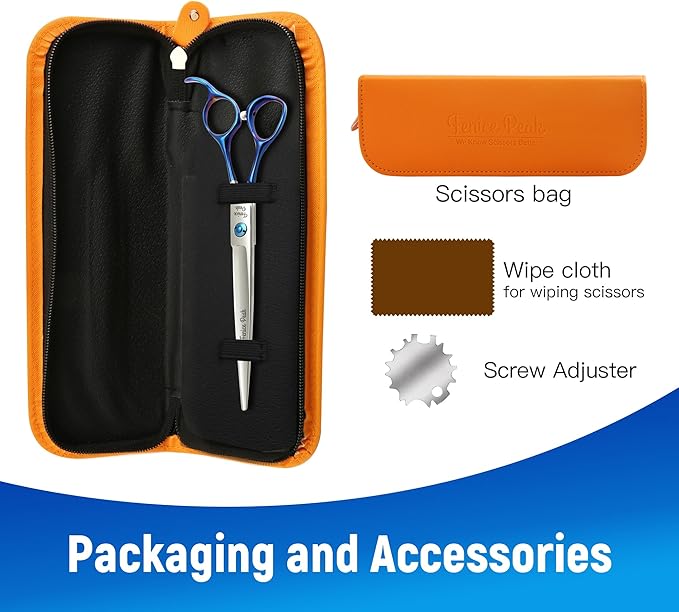 Fenice Peak Grooming Scissors for Dogs 7 inch Straight Pet Grooming Scissors Ergonomically Designed Blue Handles Ideal Dog Shears for Precise Trimming Easy Use.