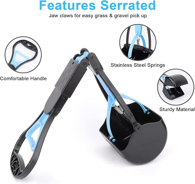 Non-Breakable Pooper Scooper for Large Medium Small Dogs with 24.3inch Long Handle High Strength Material Durable Spring, Easy Grass and Gravel Pick Up
