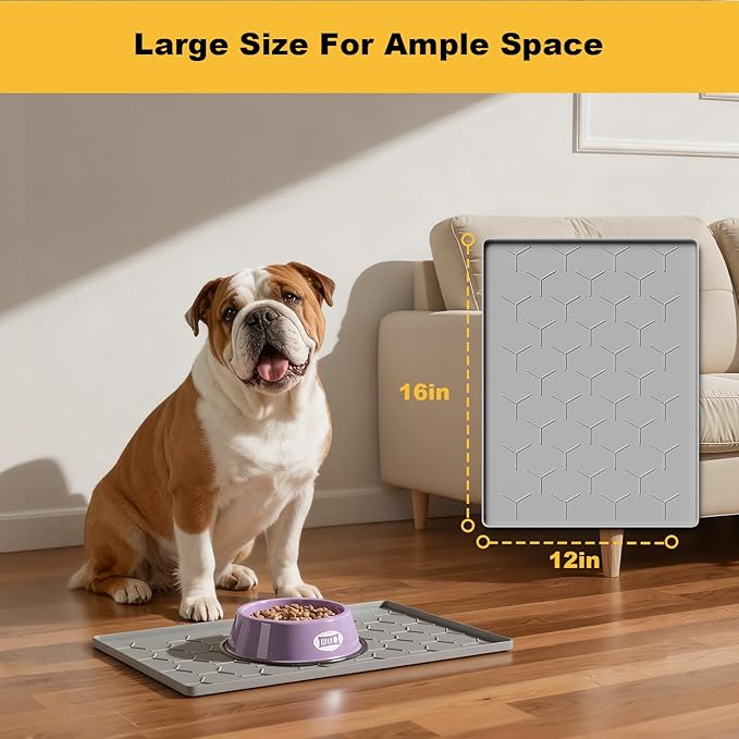Pieviev Dog Cat Food Bowl Mat, Silicone Waterproof Food Grade Pet Food Mat for Floor, High Raised Edge to Prevent Spills, Non-Slip & Easy Clean Pet Placemat for Dog & Cat Bowls, 16''x12'', Light Gray