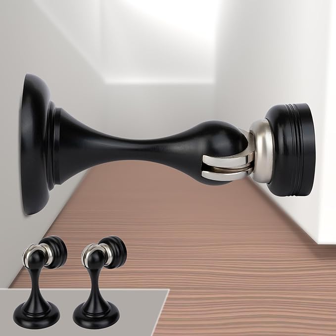 Mega Handles Magnetic Door Stopper, Scratch Free Magnetic Door Catch for Wall, Elegant Magnet Stopper for Floor or Wall - Matte Black (2 Pack)