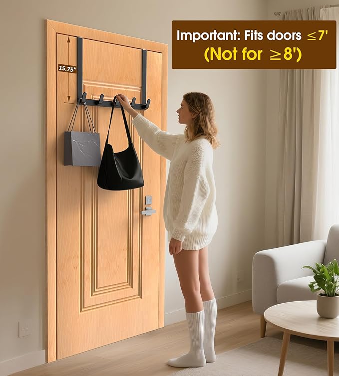 CHAUNCEY HOME Long Over The Door Hooks with 15.75-inch Arms for Easier Access by Women, Heavy Duty Door Hanger for Winter Coat, L16U, Fits Standard 1 3/4'' Doors, Towel Racks Organization, Black
