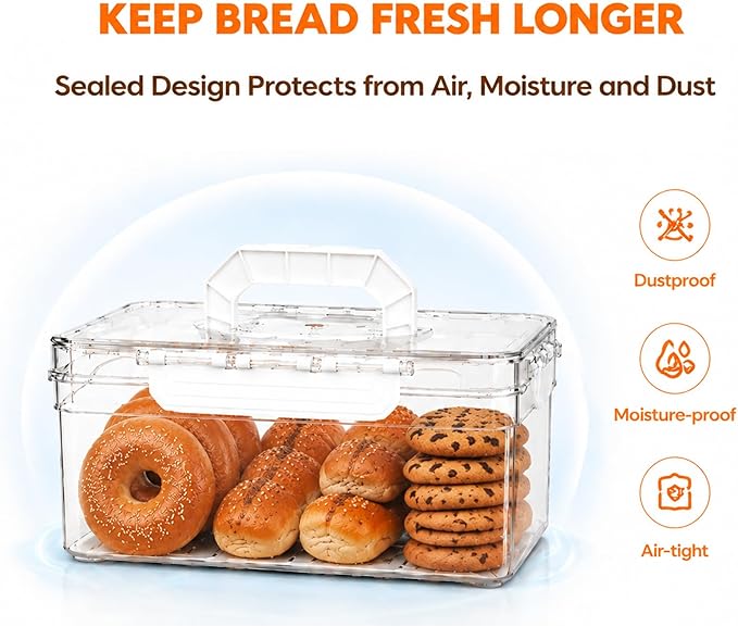 Bread Box with Slicer & Ice Chilled Condiment Caddy, Portable Airtight Bread Storage Container with Lid Handle for Kitchen Counter, Bread Keeper for Homemade Bread,Toast, Bagel, Cookies, White