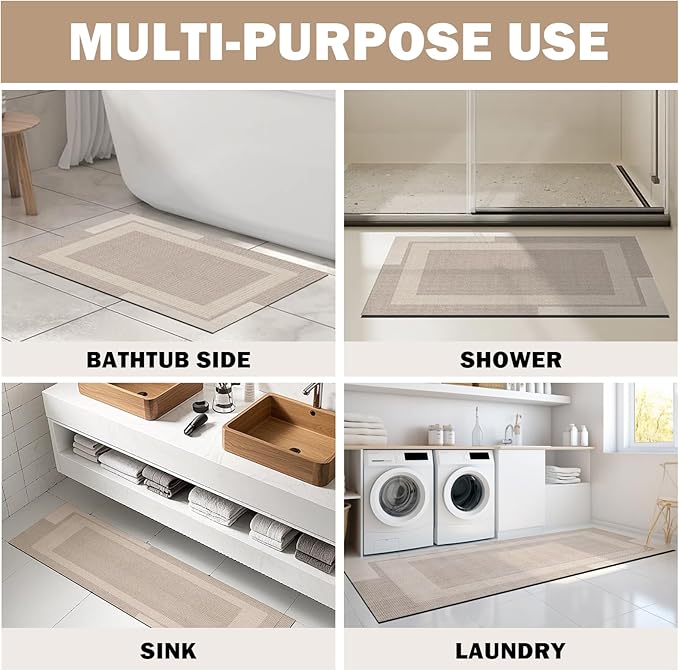Non Slip Long Bath Mat Bathroom Runner, Rubber Backing Ultra Thin Bathroom Rugs Fit Under Door Quick Dry Super Absorbent Washable Bath Rug Shower Mat for Bathtub Sink Floor, Beige 24"x48"
