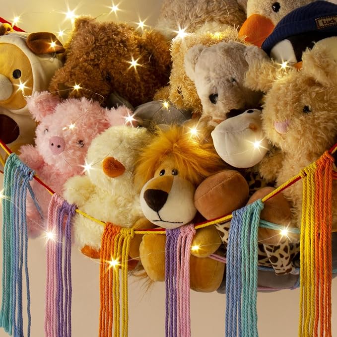 RelaxScene Stuffed Animal Storage Hammock Corner X-Large with LED Light - Baby Hammock Hanging Holder Plushies Net for Stuff Animals Organizer - Cute Room Decor Aesthetic Kids Toddler Nursery Bedroom