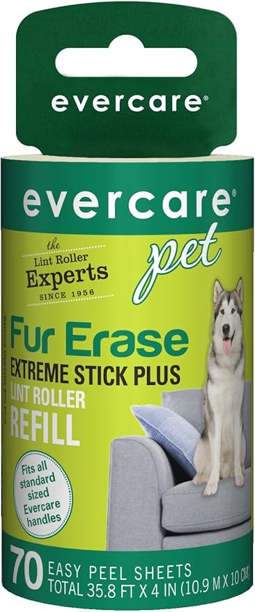 Evercare All Purpose Pet Hair Lint Roller Refill, 70 Easy Peel Sheets – Compatible with Evercare Standard Sized Rollers, Reusable Sticky Roller for Pet Hair, Furniture, Clothing & Cars