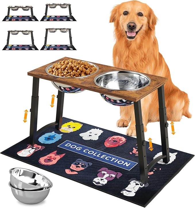 TIDANT Elevated Dog Bowls for Large Extra Large Dogs with Mat, 4 Height Adjustable, 2 Stainless Steel Dog Bowls 3000ml,101oz