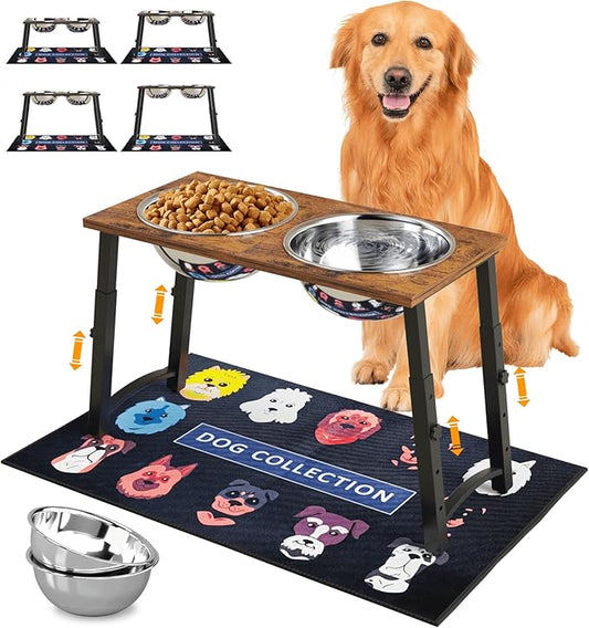 TIDANT Elevated Dog Bowls for Large Extra Large Dogs with Mat, 4 Height Adjustable, 2 Stainless Steel Dog Bowls 3000ml,101oz
