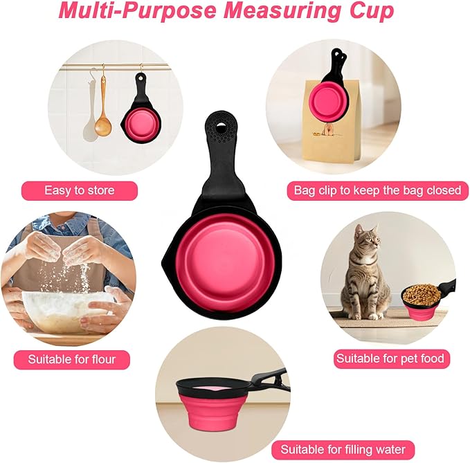 PNEUICALLY Collapsible Dog Food Scoop Foldable Pet Food Bag Clip 3 in 1 Multi-function Silicone Cat Food Measuring Cup Scoop Dog Food Scooper Pet Food Storage Clip (Rose Red, 2 Cup Capacity(1 Pack))