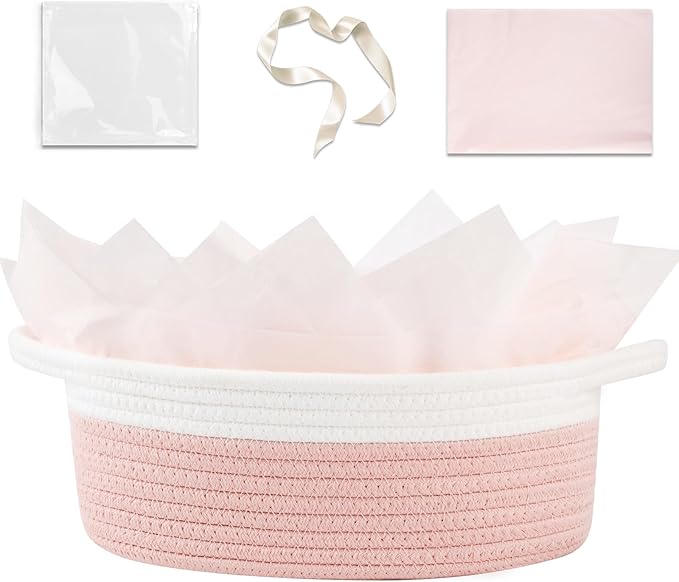 OIAHOMY Gift Basket Empty with Handle, 12"x 8"x 5" Small Woven Basket with Gift Bag, Ribbon and Wrap Tissue Paper, Dog Toy Storage for Organizing - Dusty Pink & White