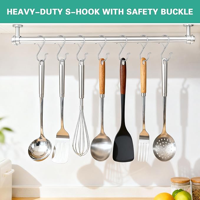 20PCS S Hooks for Hanging,3.5 Inch Heavy Duty Closet Hooks with Safety Buckle,Closet Hooks Hanging for Plants,Clothes,Kitchen Utensil,String Lights,Handbags,Belt, Hat, Cup, Tie (Silver)