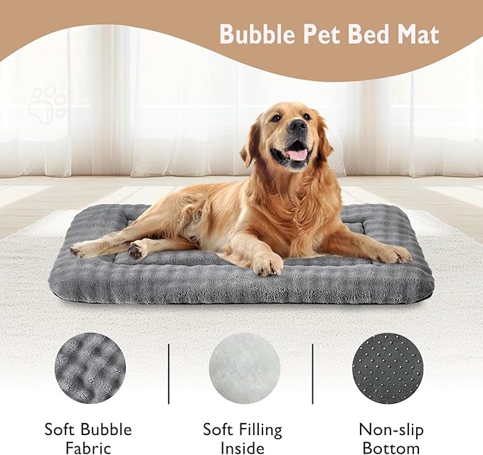 Dog Bed Mat Crate Pad for Large Dogs, Washable Soft Pet Sleeping Mat Kennel Pad with 3D Bubble Pattern, Grey, 42"x 28"