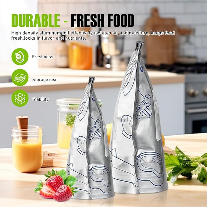 Reusable Aluminum Foil Sealable Storage Bags,30PCS Resealable Vacuum Zipper Pouches for Food, Stand Up Foil Sealable Bags with Label and Zip Lock for Vegetable Fruit Meat